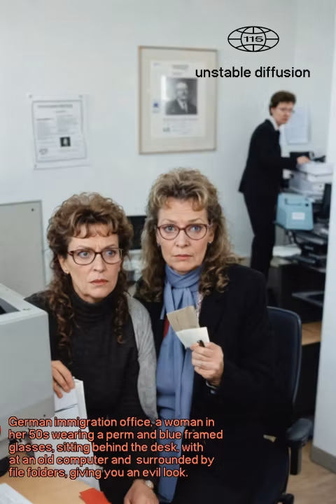 German immigration office, a woman in her 50s wearing a perm and blue framed glasses