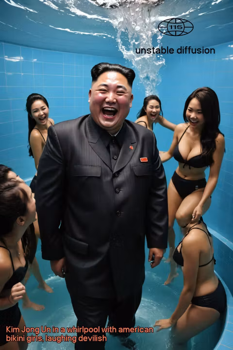 Kim Jong Un in a whirlpool with american bikini girls, laughing devilish